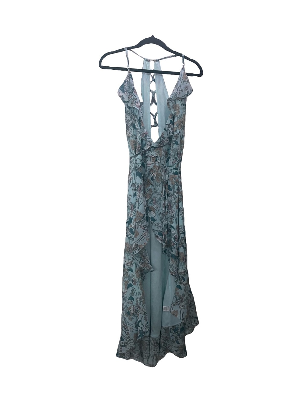 Floral Print Light Blue Maxi Dress with Ruffle Trim
